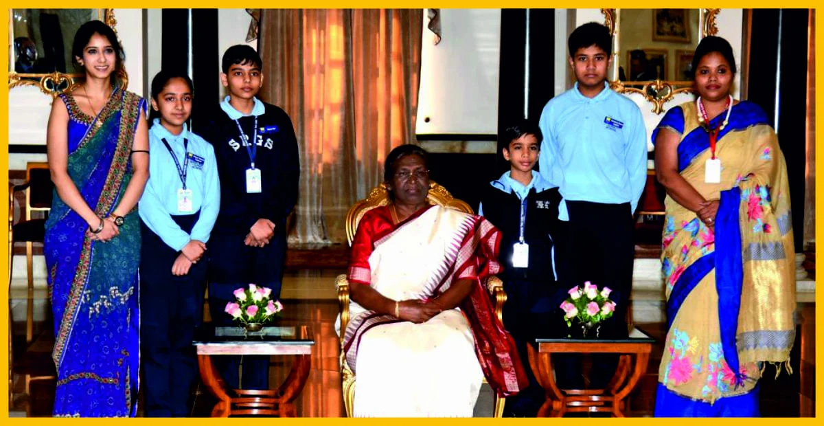 Shri Ram Global School students with Droupadi Murmu, President of India at Rashtrapati Bhawan on the occasion of Children's Day, 2022